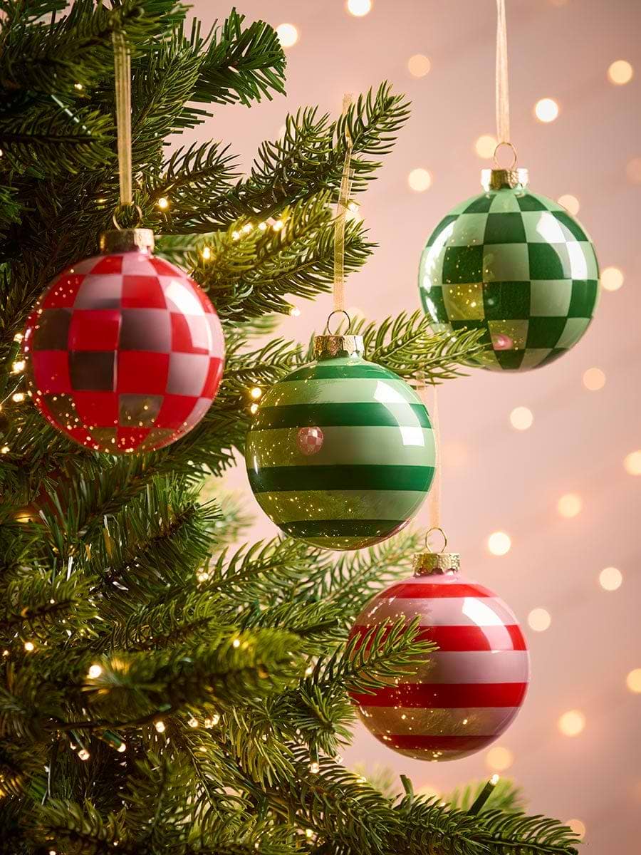 Four Festive Jolly Glass Baubles