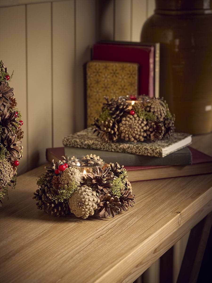 Two Pinecone & Berries Tealight Holders