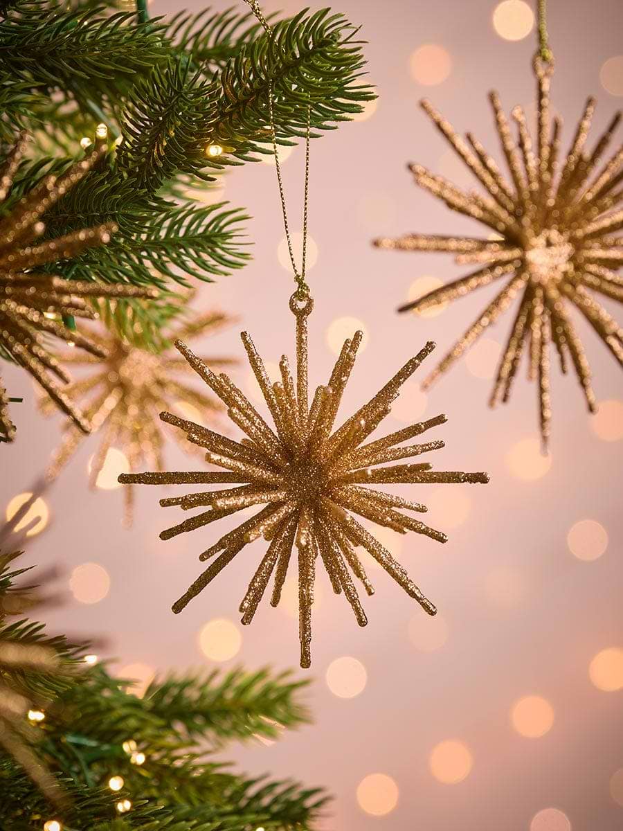 Six Gold Glitter Hanging Star Bursts