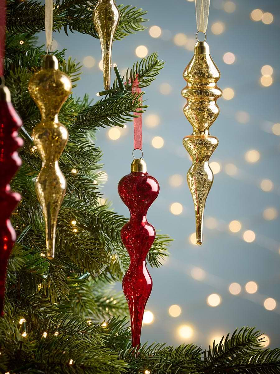 Six Antiqued Glass Finial Baubles- Red/Gold