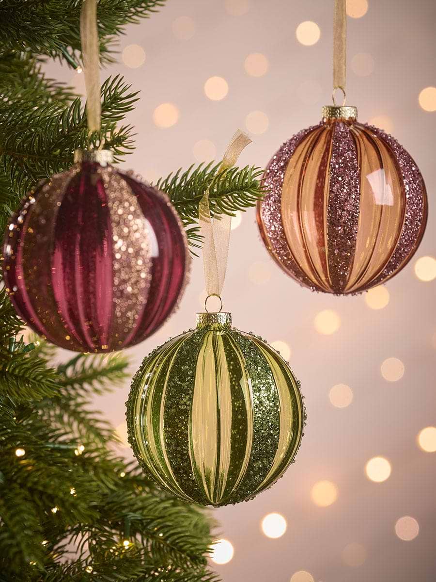 Three Glitter Stripe Glass Baubles - large
