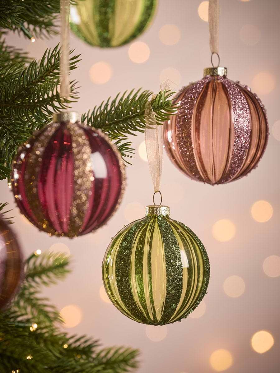 Six Glitter Stripe Glass Baubles - Small