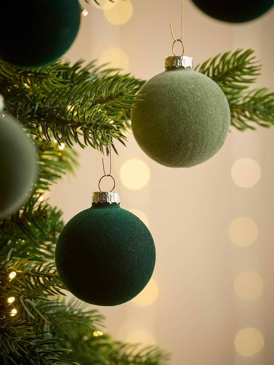 Six Flocked Glass Baubles - Green Mix