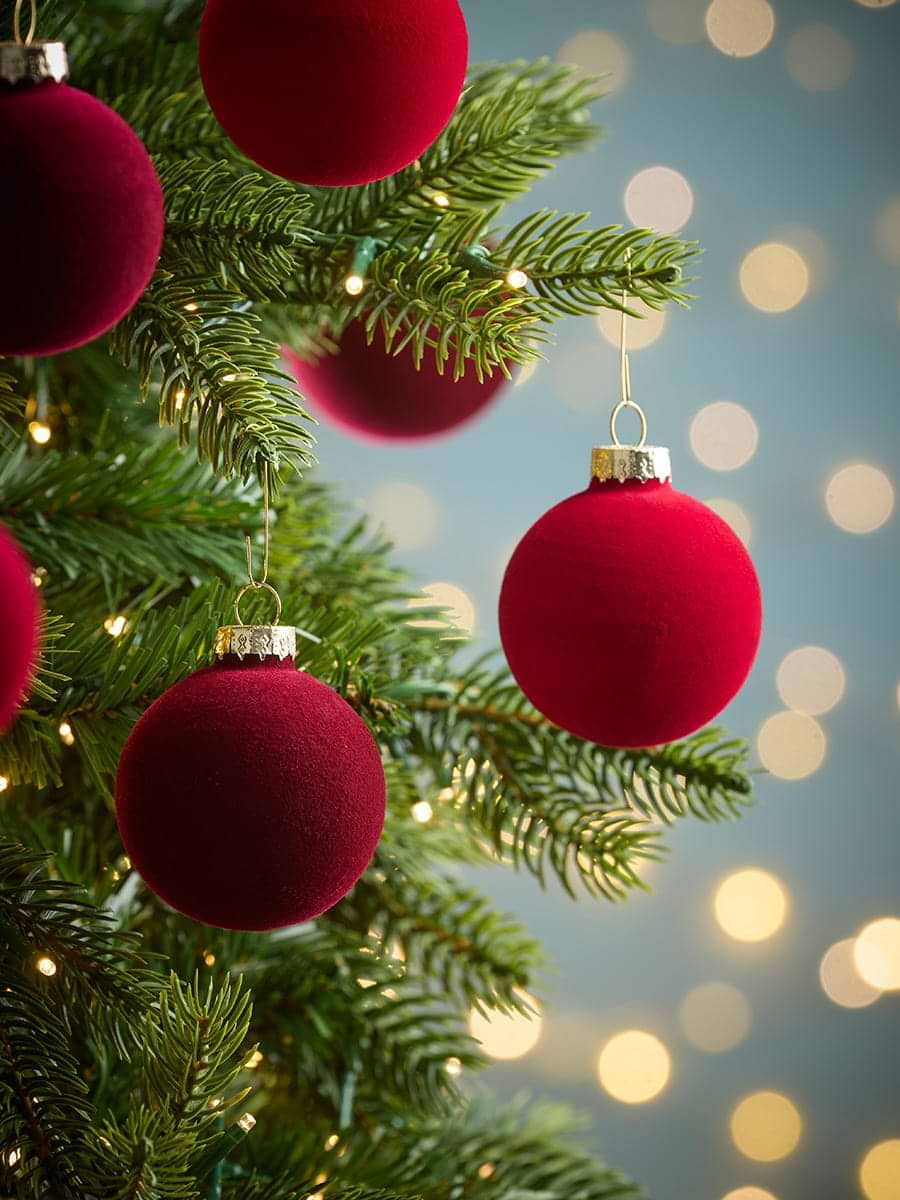 Six Flocked Glass Baubles- Red Mix