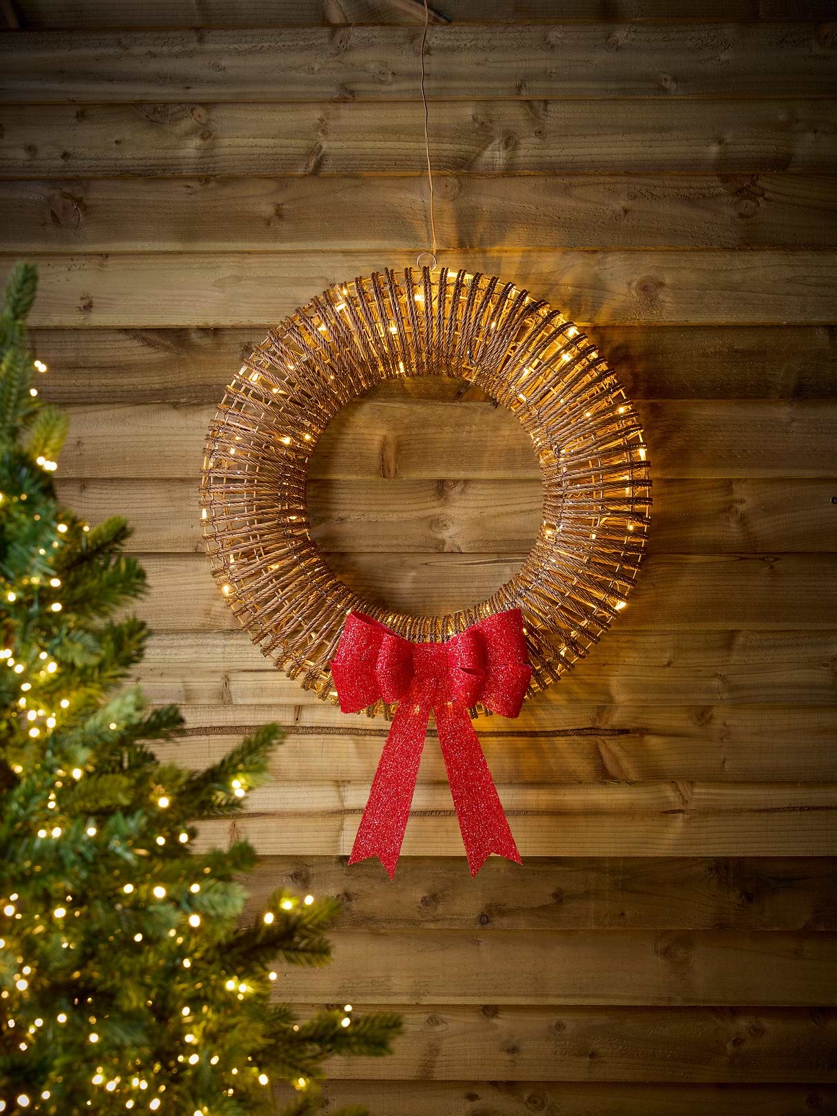 Red Bow Faux Wicker Wreath - Large
