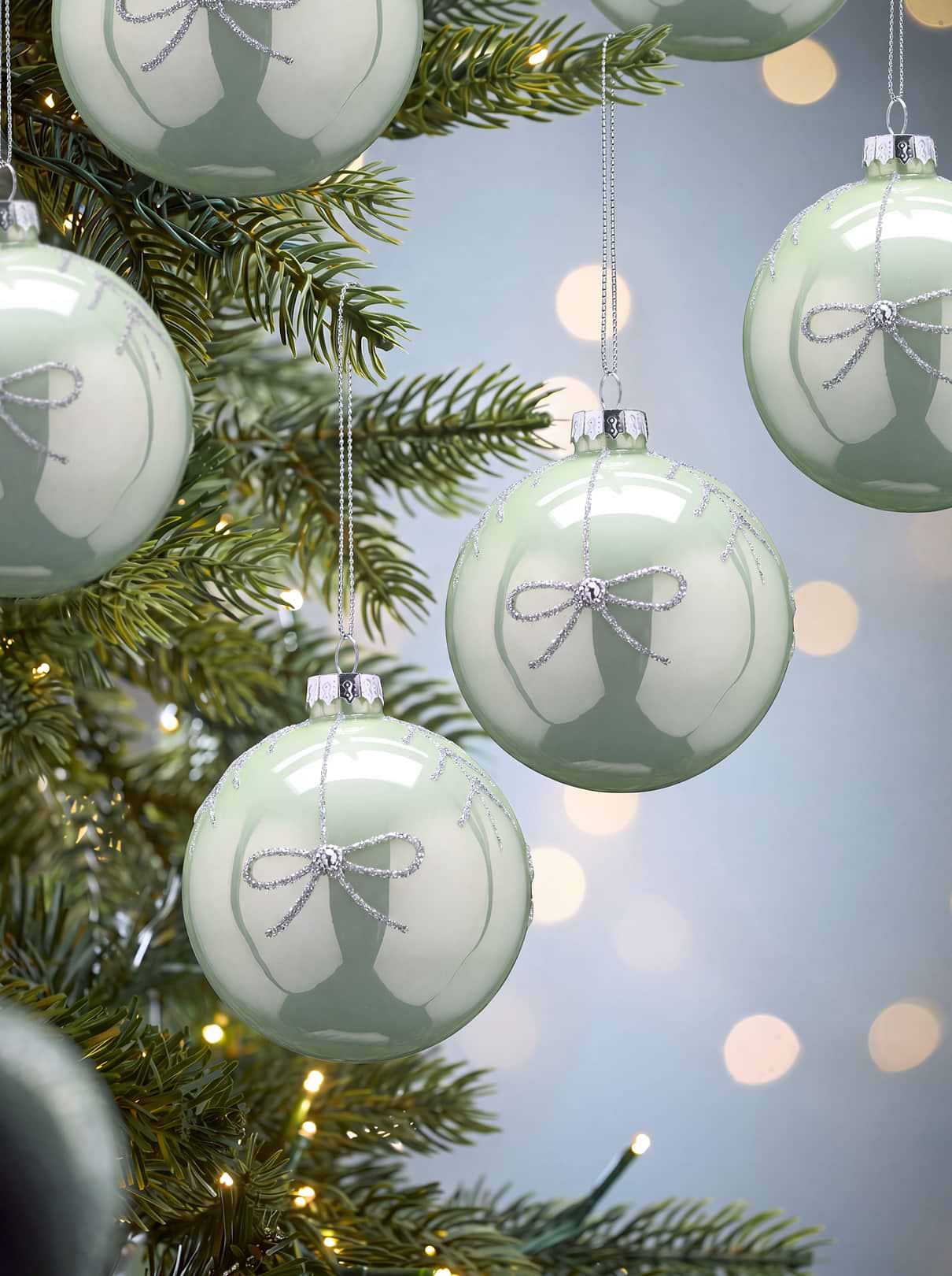 Six Pearly Mint Glass Bow Baubles