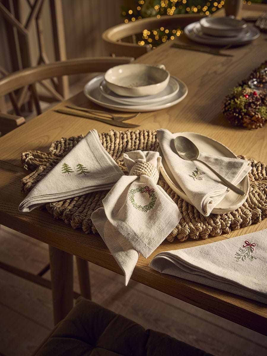 Four Embroidered Christmas Foliage Napkins