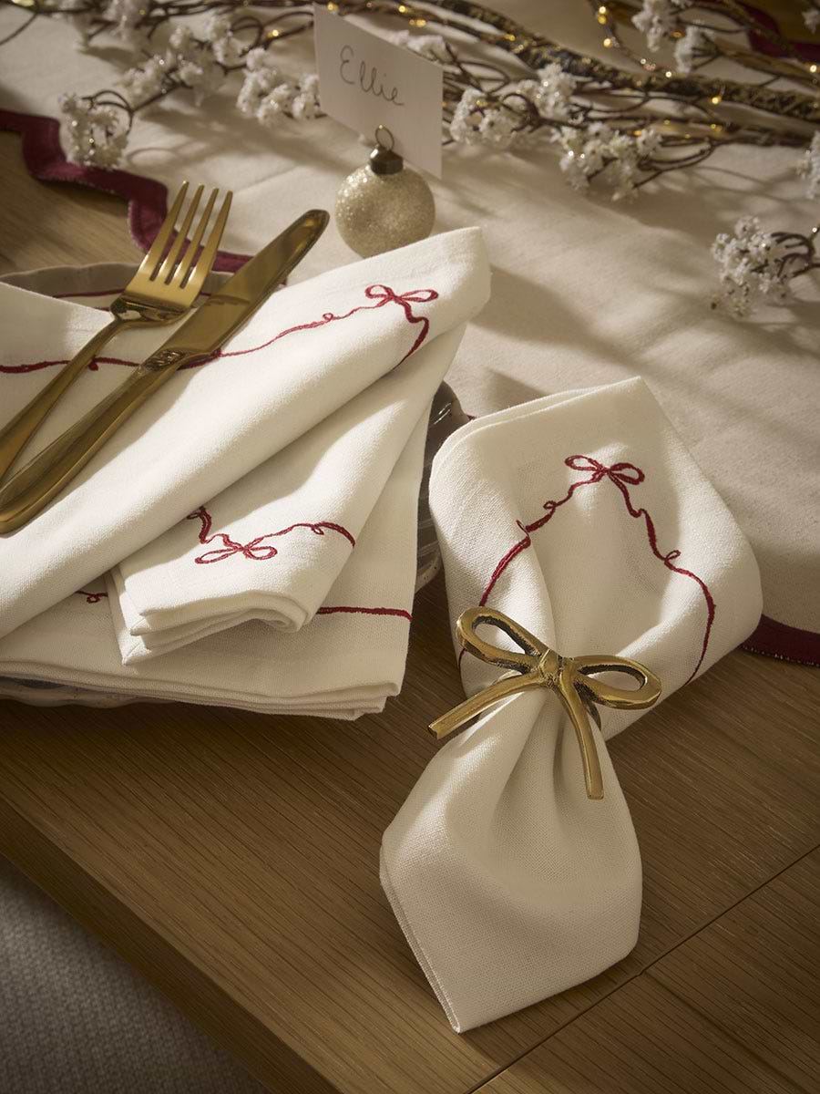 Four Embroidered Festive Bow Napkins