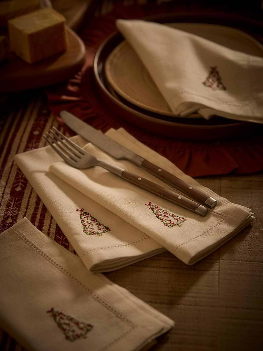 Four Embroidered Festive Tree Napkins