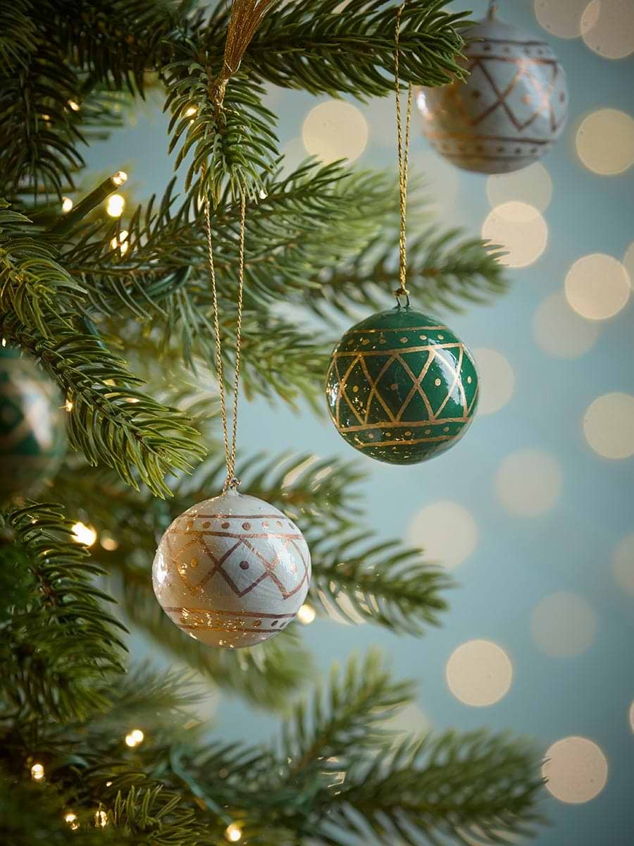 Four Paper Mache Baubles - Green Mix