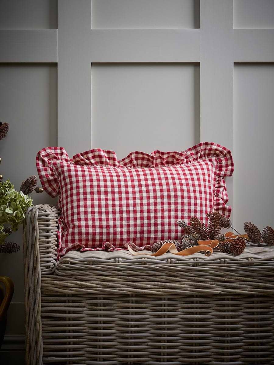 Gingham Ruffle Rectangle Cushion - Red