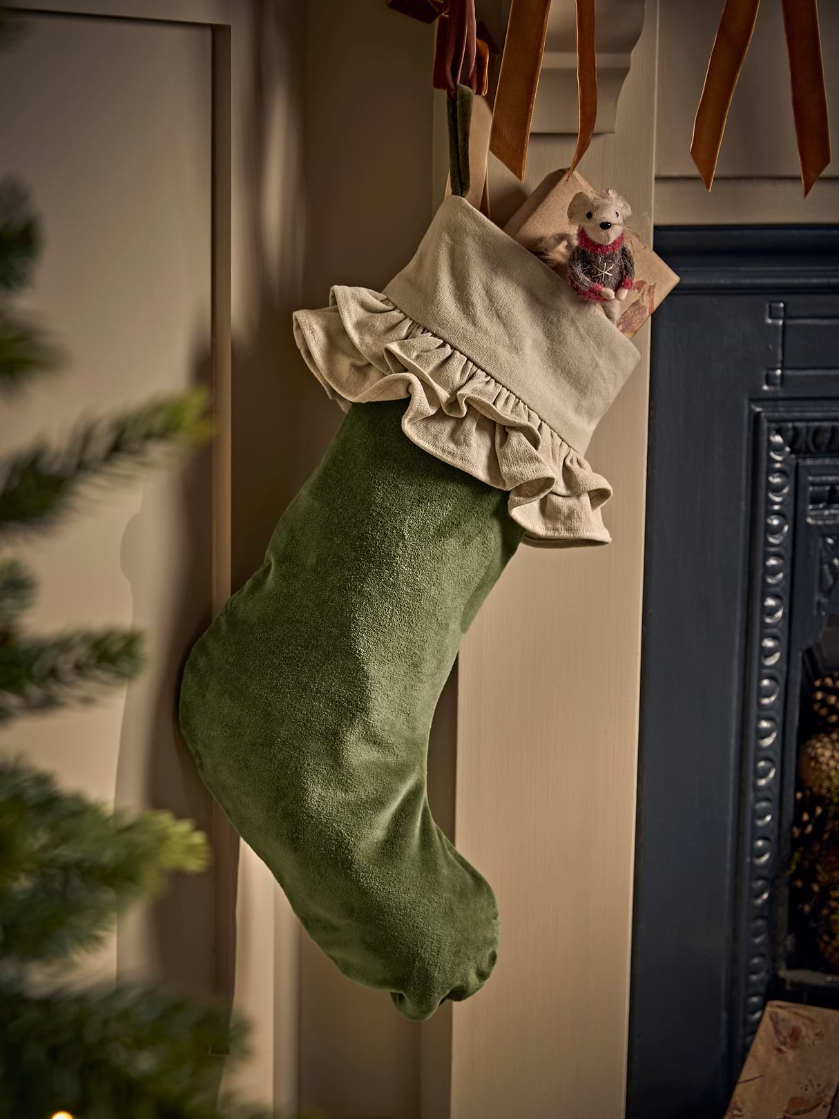 Velvet Ruffle Stocking - Green
