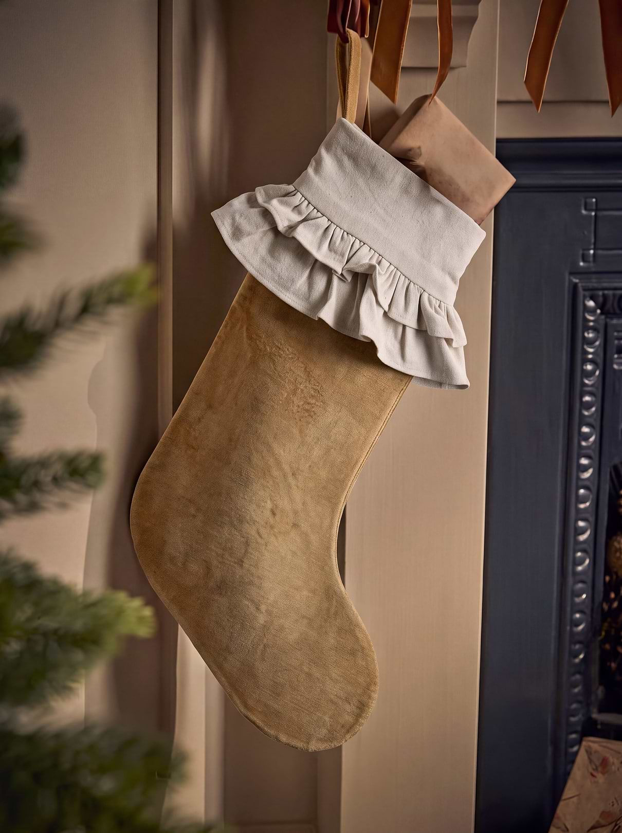 Velvet Ruffle Stocking - Nutmeg