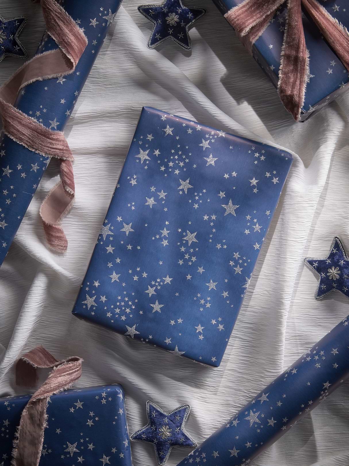 Navy Glittered Starburst Wrapping Paper - 5m