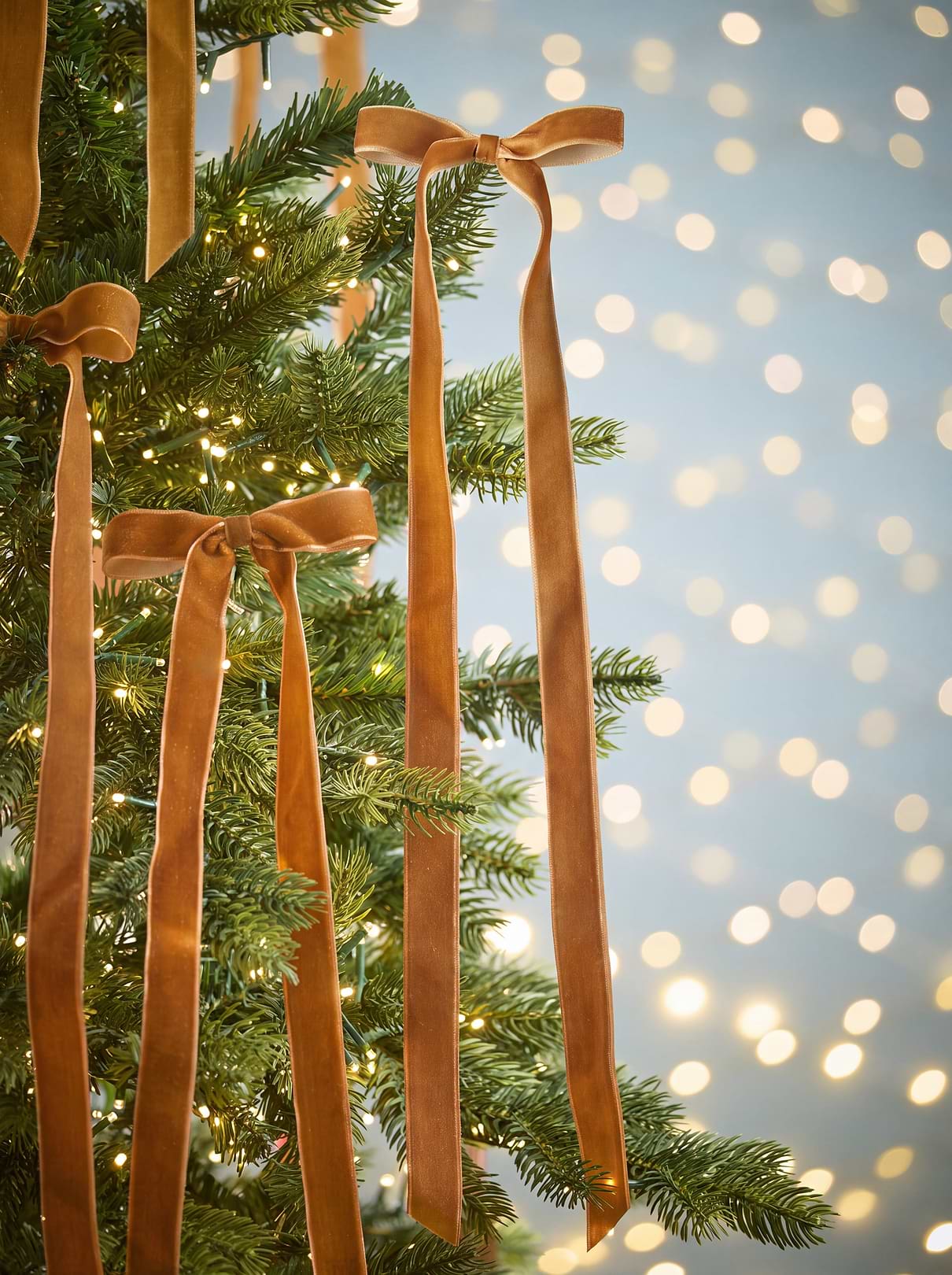 Twelve Long Extra Slim Velvet Tree Bows - Toffee