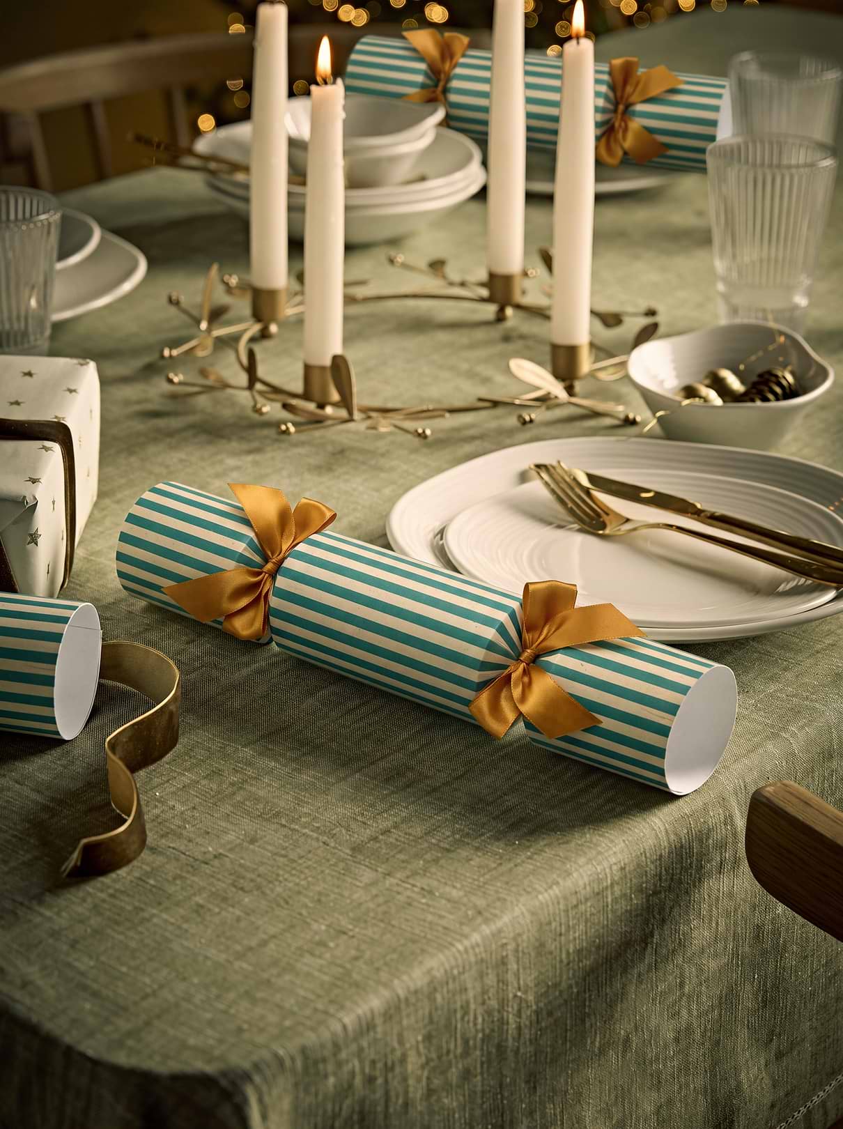 Six Luxury Handmade Striped Crackers - Forest Green