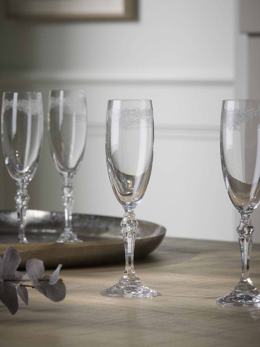 Four Filigree Crystal Champagne Glasses