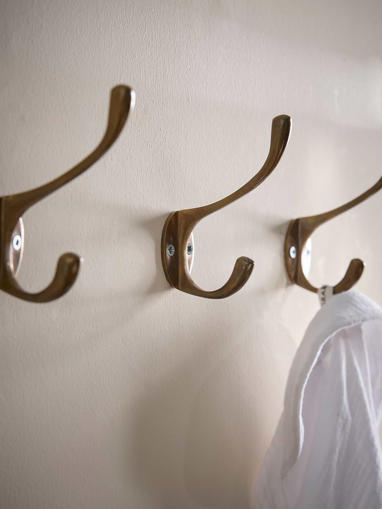 Set of Three Double Coat Hooks - Antique Brass