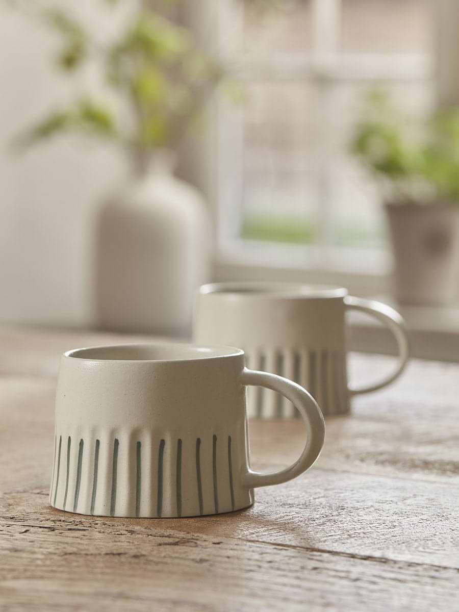 Two Fluted Striped Mugs - Olive
