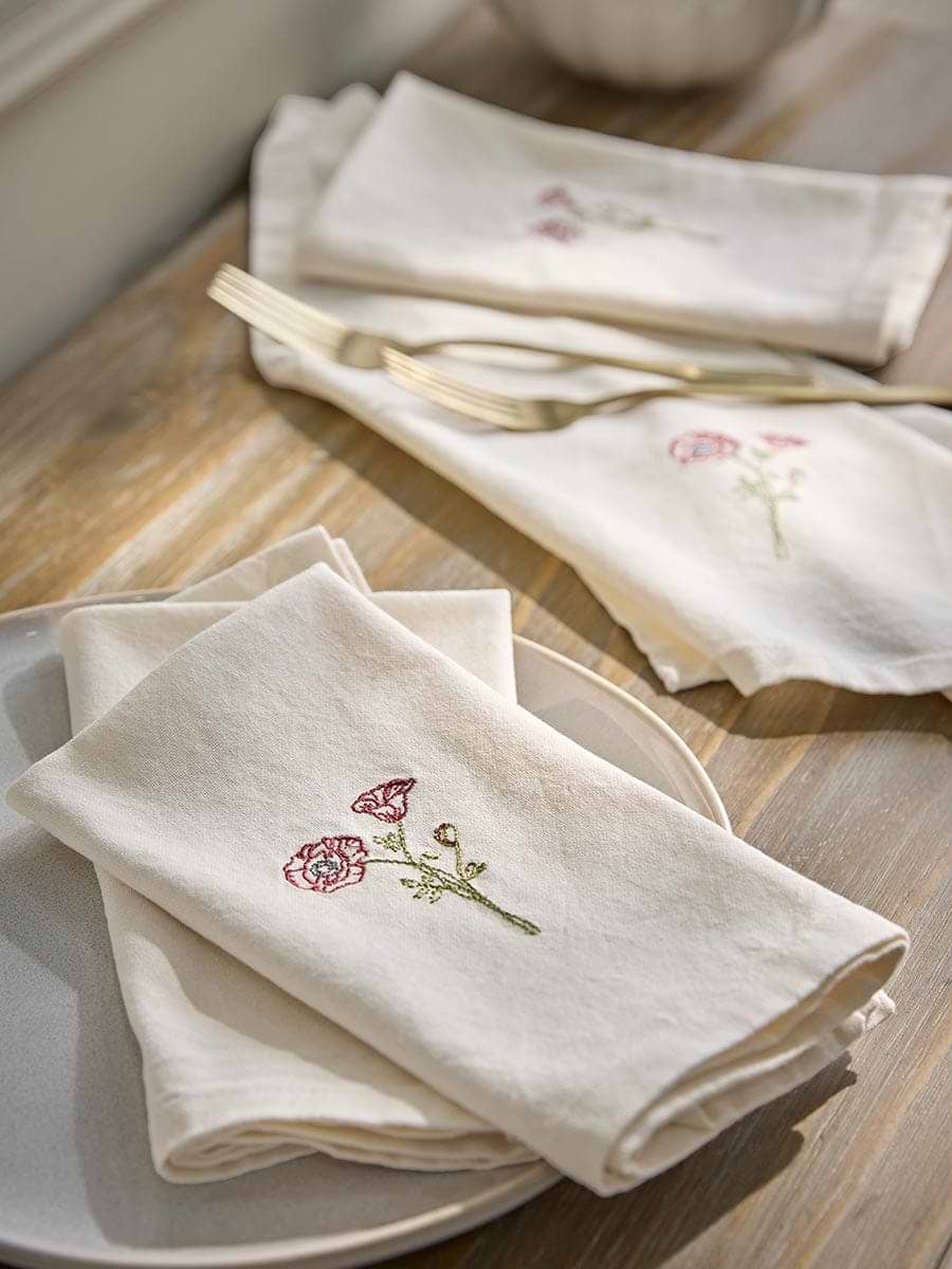 Four Flower Embroidered Napkins