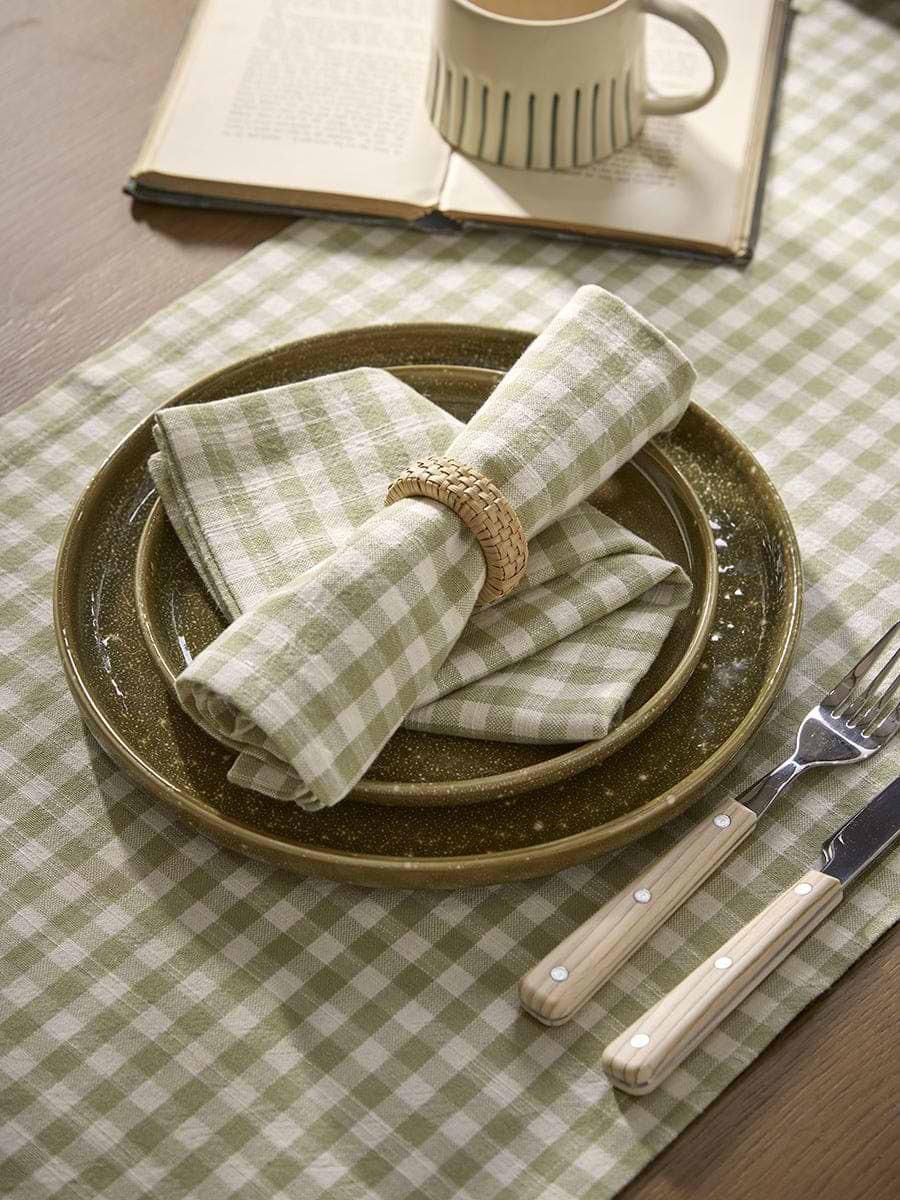 Four Cotton Gingham Napkins- Olive