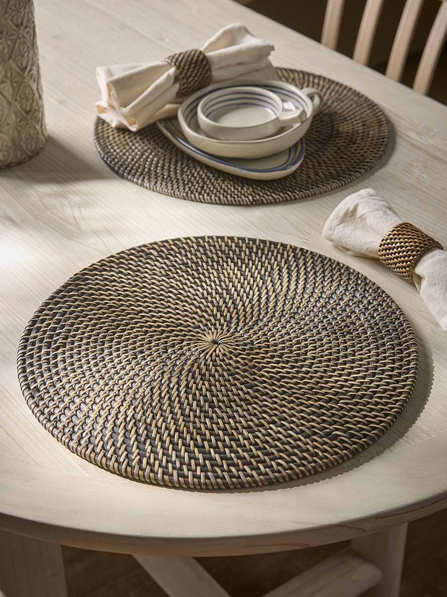 Two Round Rattan Placemats - Black