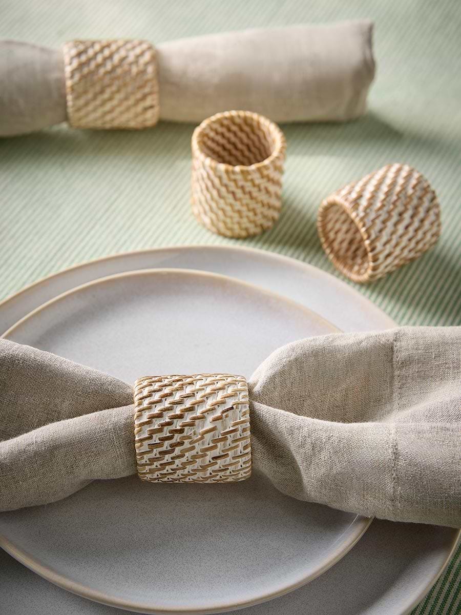 Four Rattan Napkin Rings -White