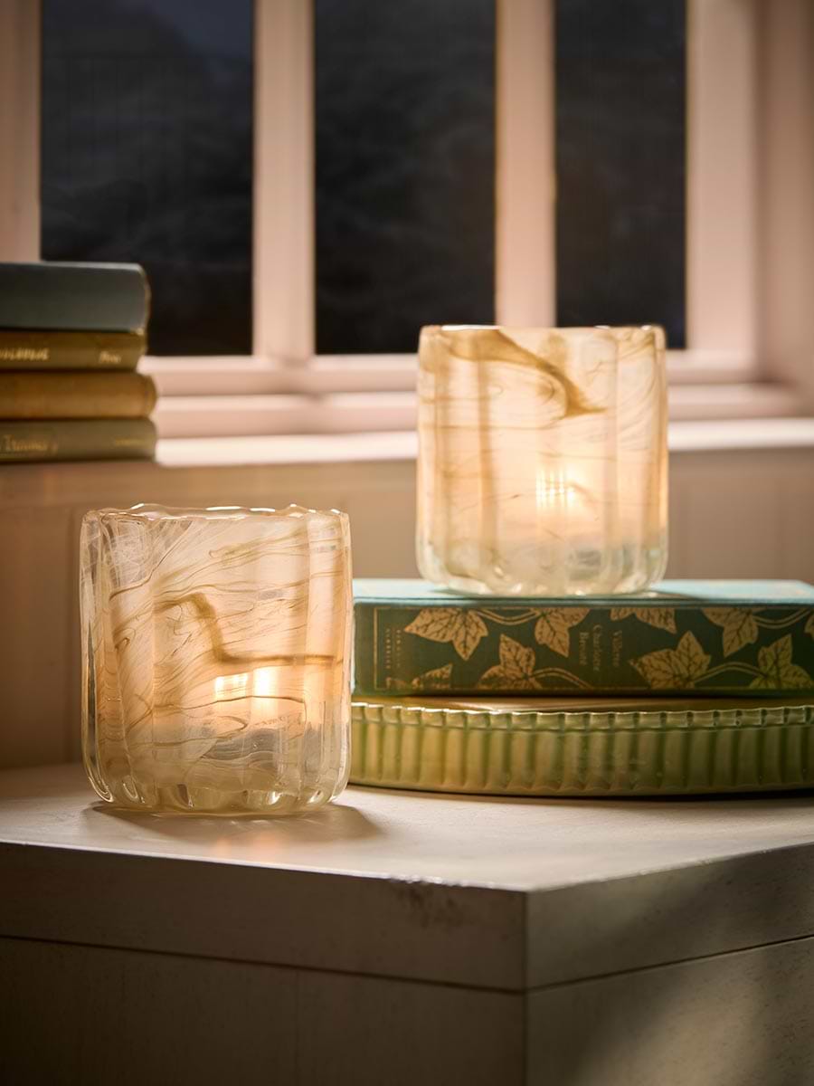 Two Swirly Glass Tealight Holders - Cream