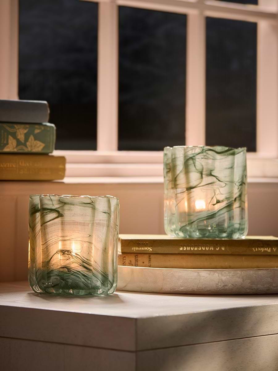 Two Swirly Glass Tealight Holders- Green