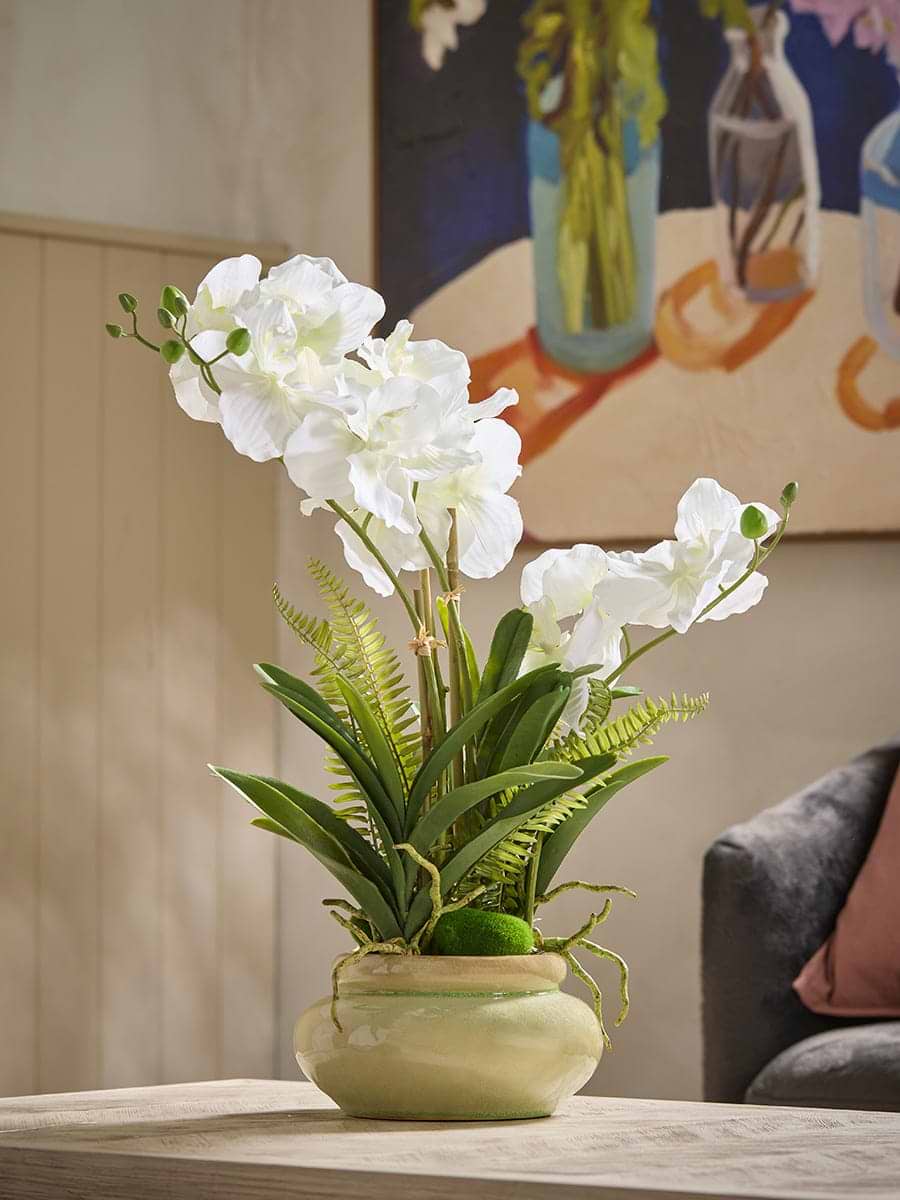 Faux Orchid In Crackle Glaze Pot