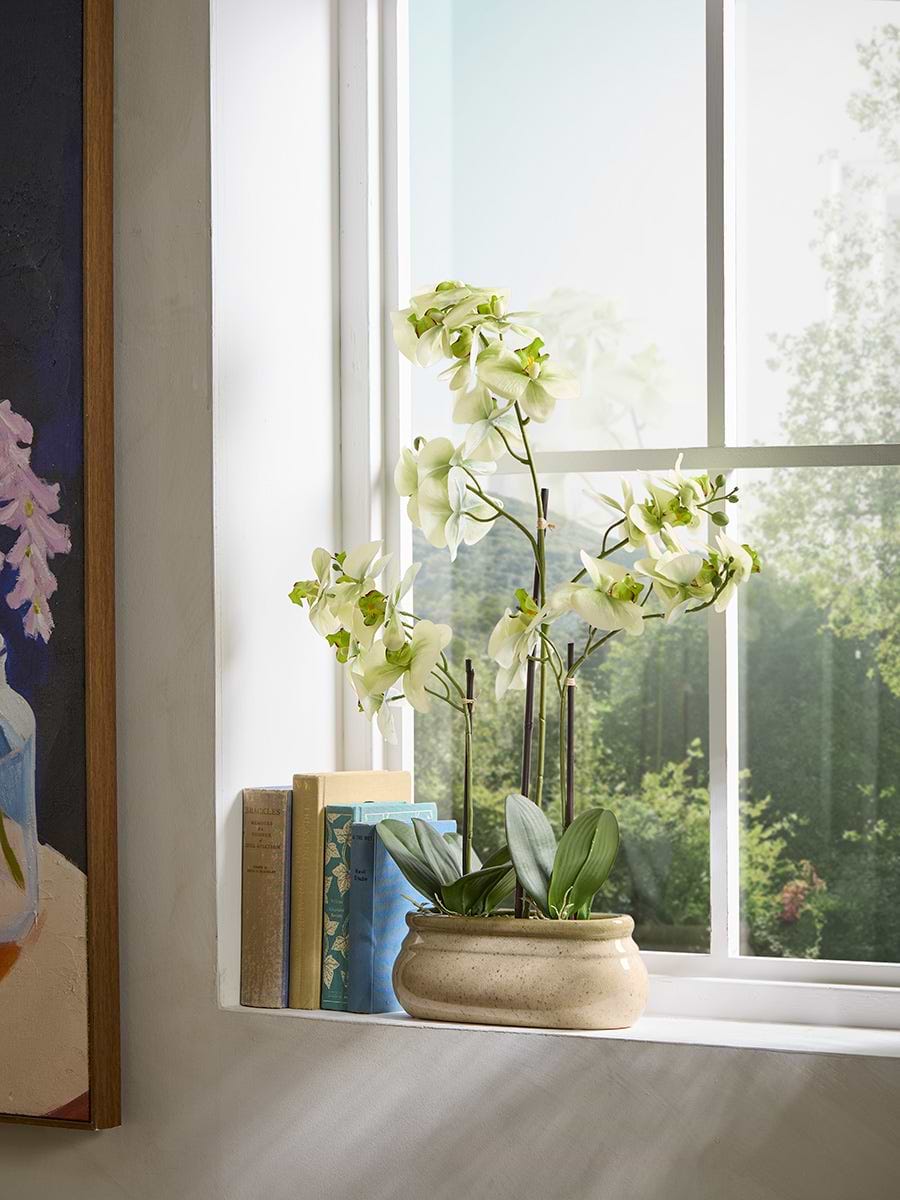 Faux Orchid In Speckled Glazed Pot