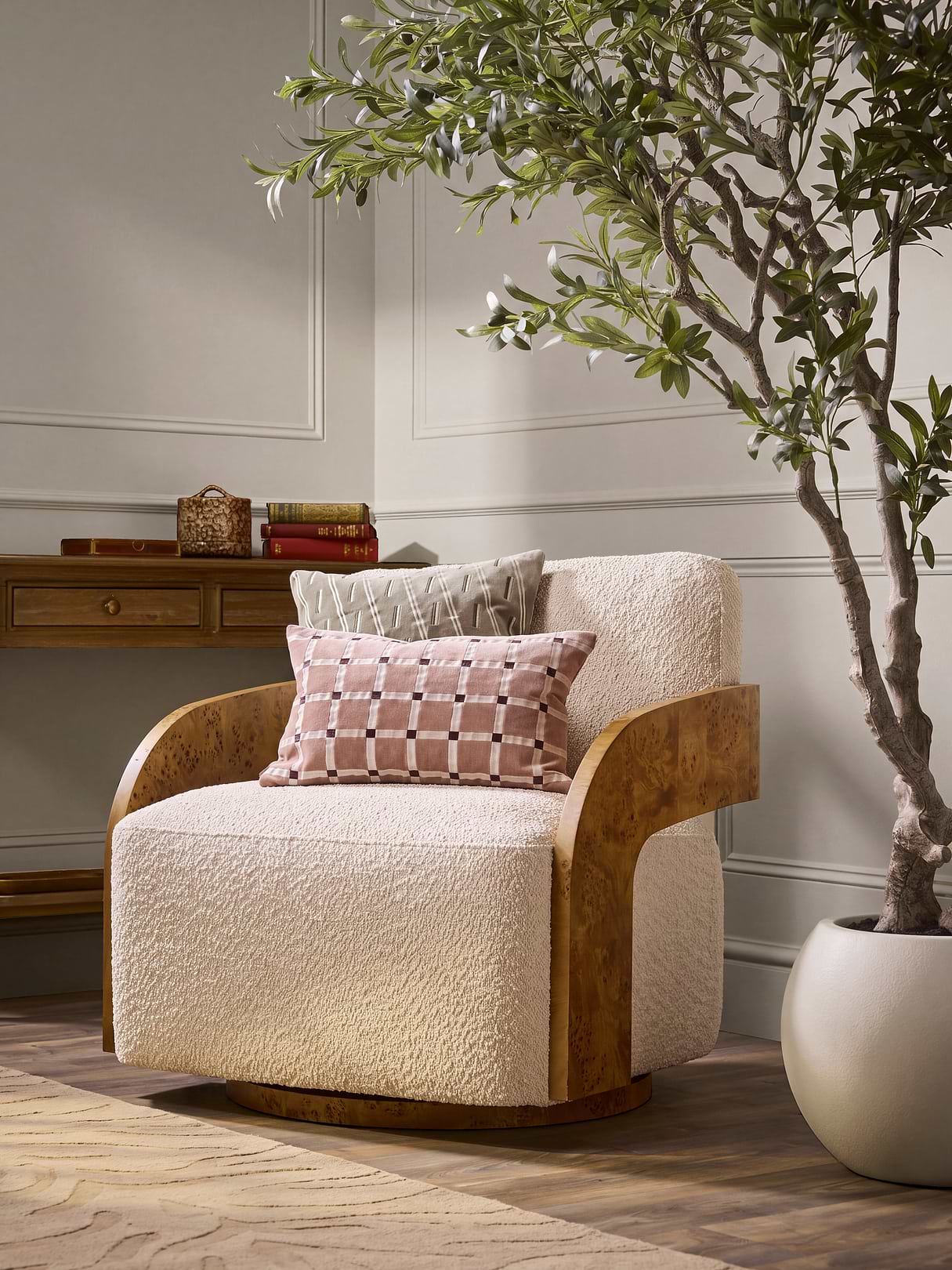 Swivel Boucle & Burl Wood Occasional Chair