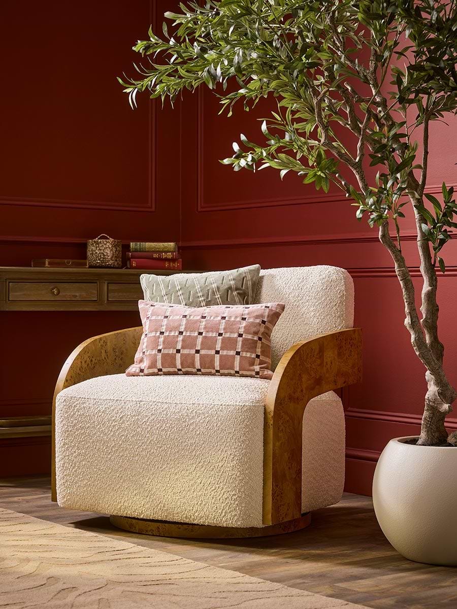Swivel Boucle & Burl Wood Occasional Chair