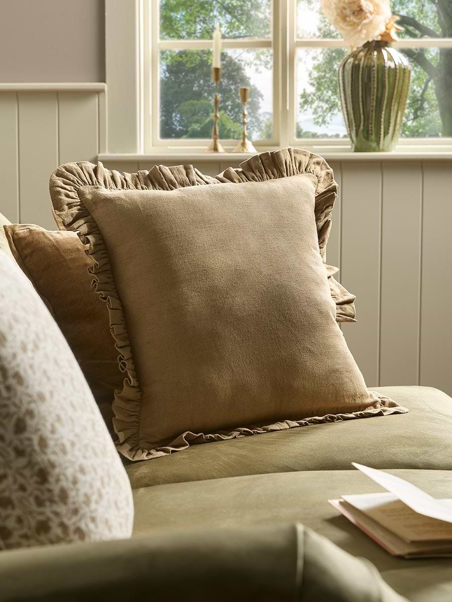 Ruffle Cotton Linen Square Cushion Cover - Nutmeg