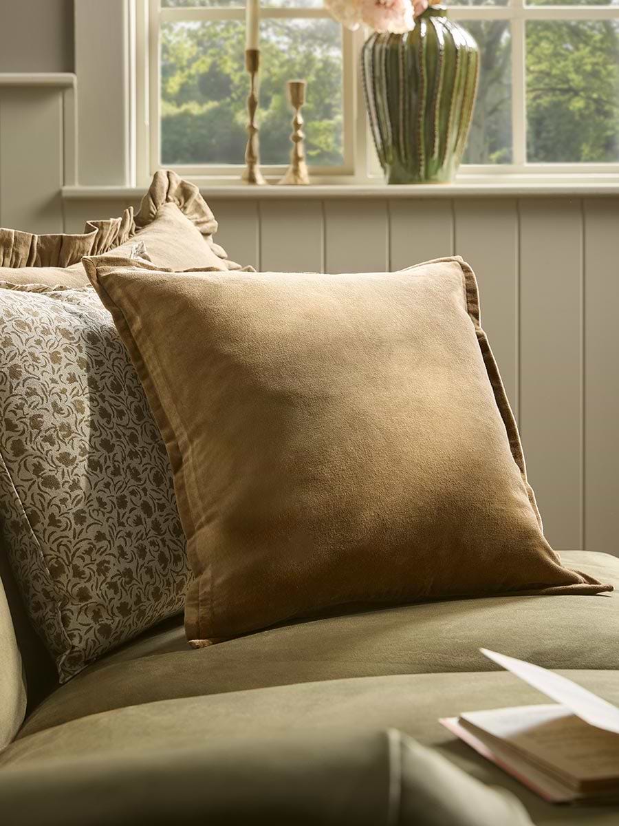 Velvet & Cotton Linen Square Cushion Cover - Nutmeg