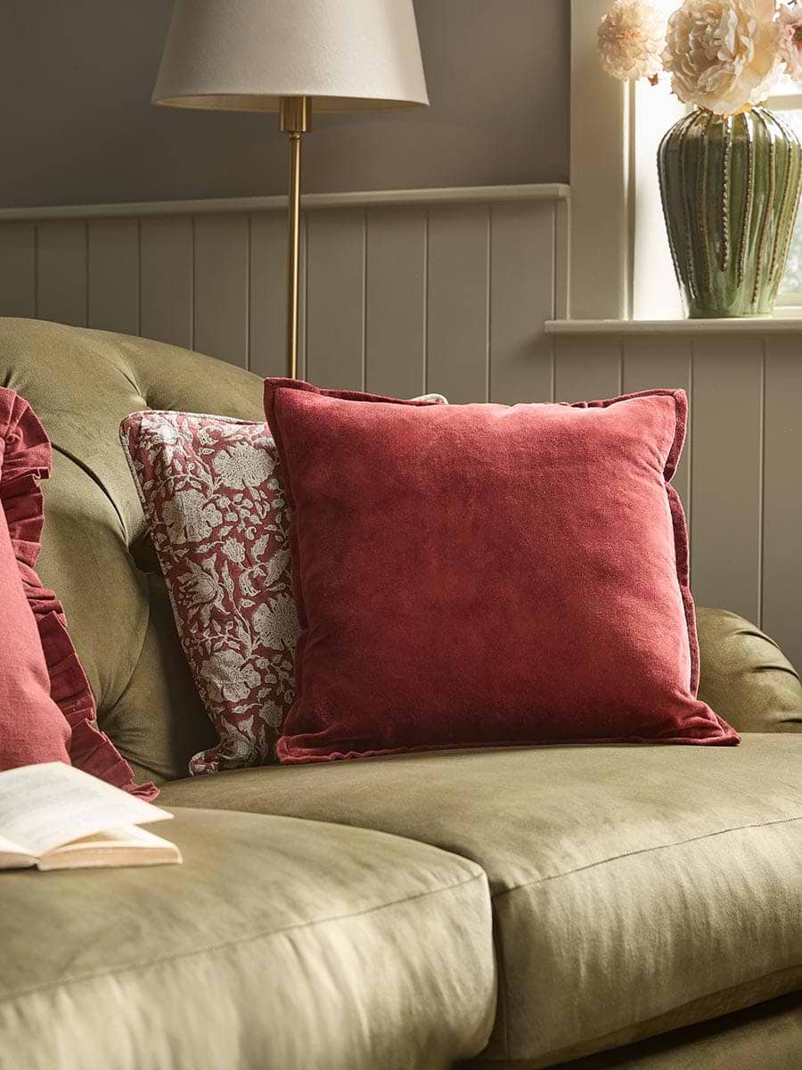 Velvet & Cotton Linen Square Cushion Cover - Deep Red