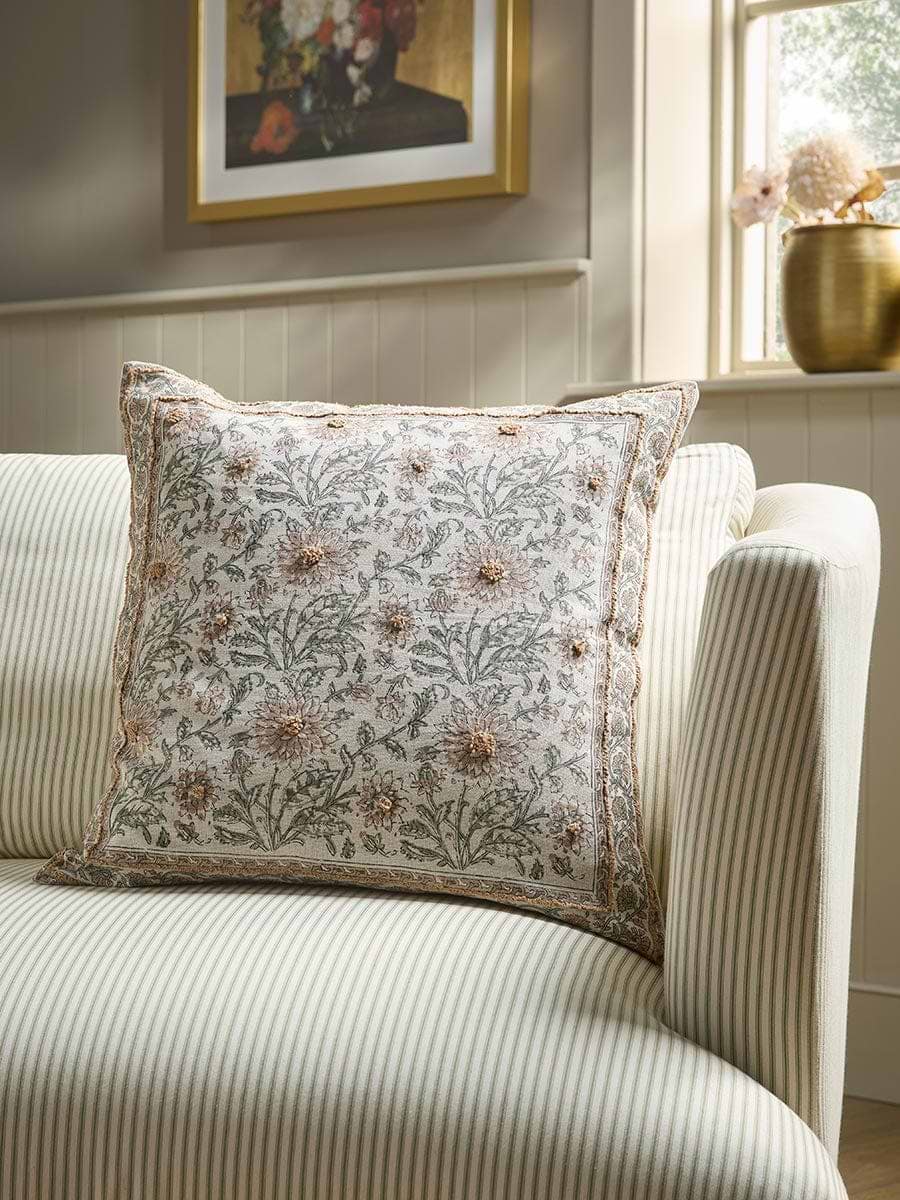 Embroidered Hand Block Printed Cushion Cover - Large