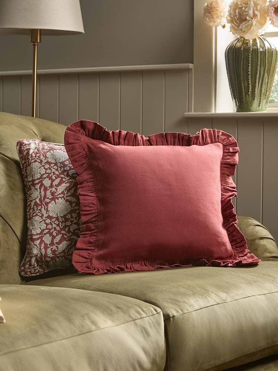 Ruffle Cotton Linen Square Cushion Cover - Deep Red