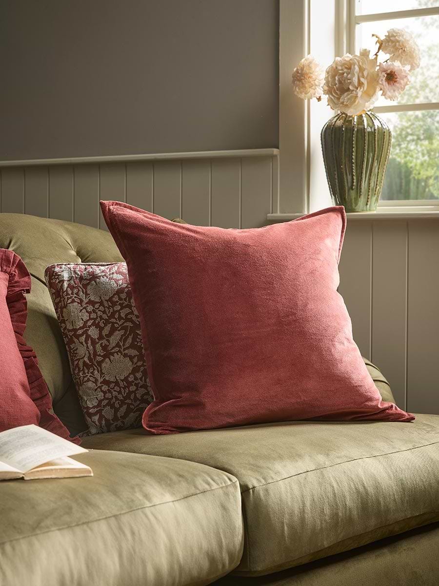 Velvet & Cotton Linen Large Square Cushion Cover - Deep Red