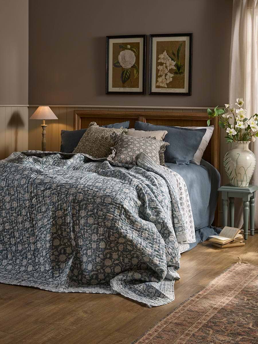 Stone Blue Block Print Bedspread