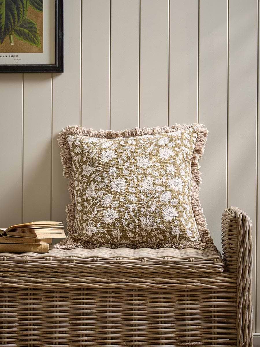 Fringed Block Print Cushion - Burnt Honey