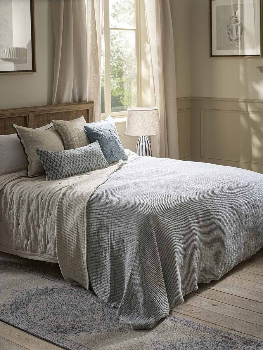 Frayed Cotton Bedspread - Soft Blue Stripe