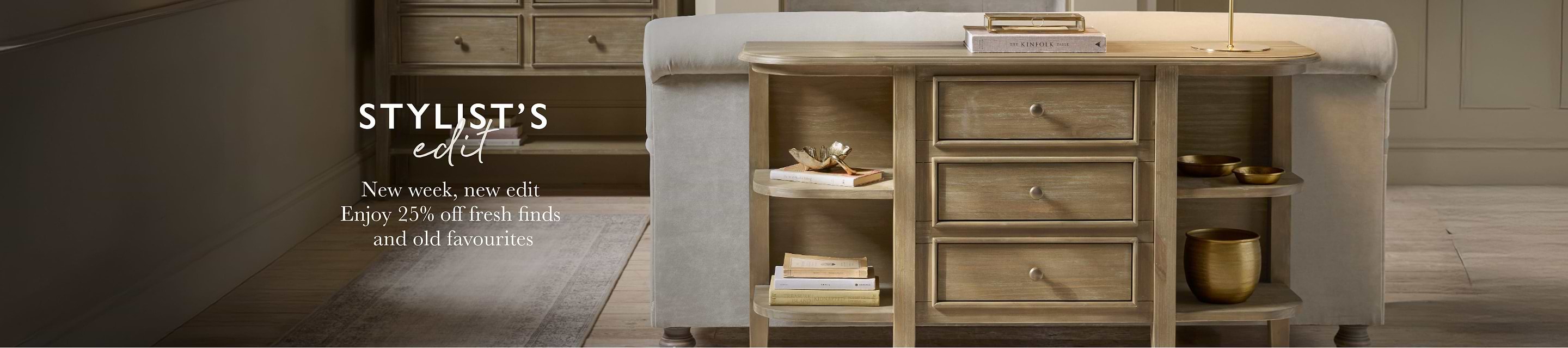 Cox & Cox Stylist's Edit banner featuring stools around a kitchen unit
