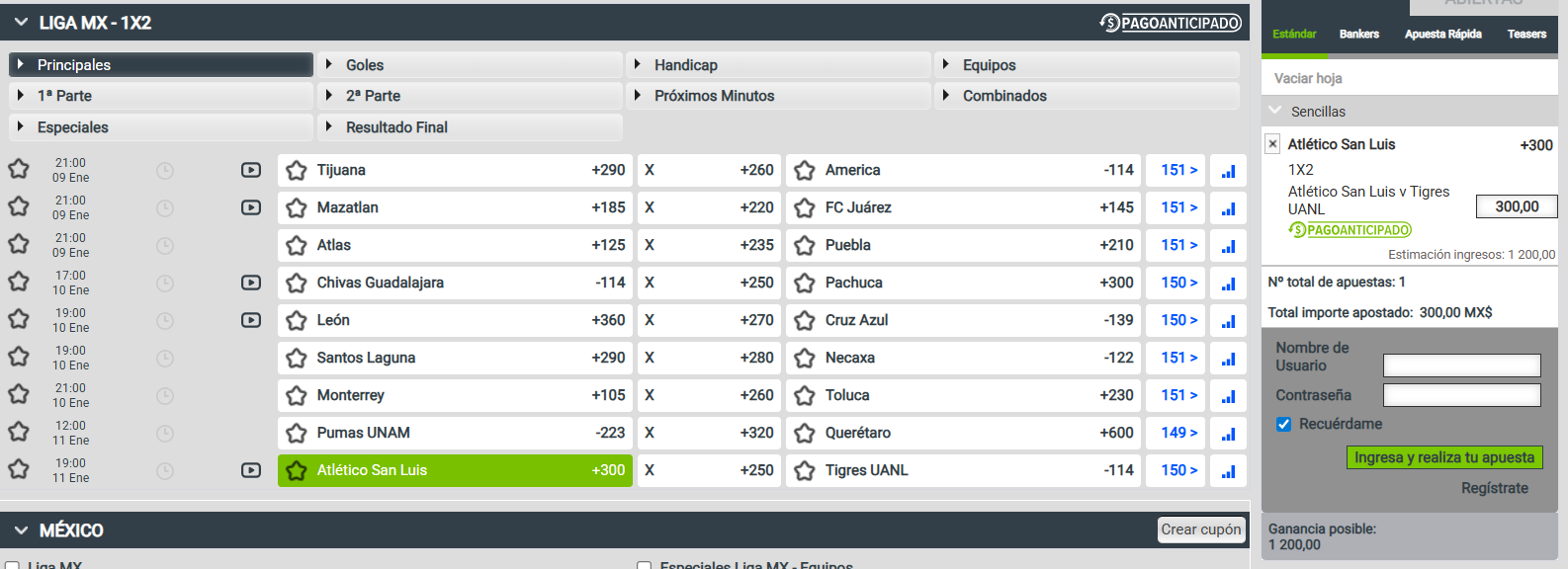 panatalla Momios Liga MX - Momio Apuestas deportivas sencillas