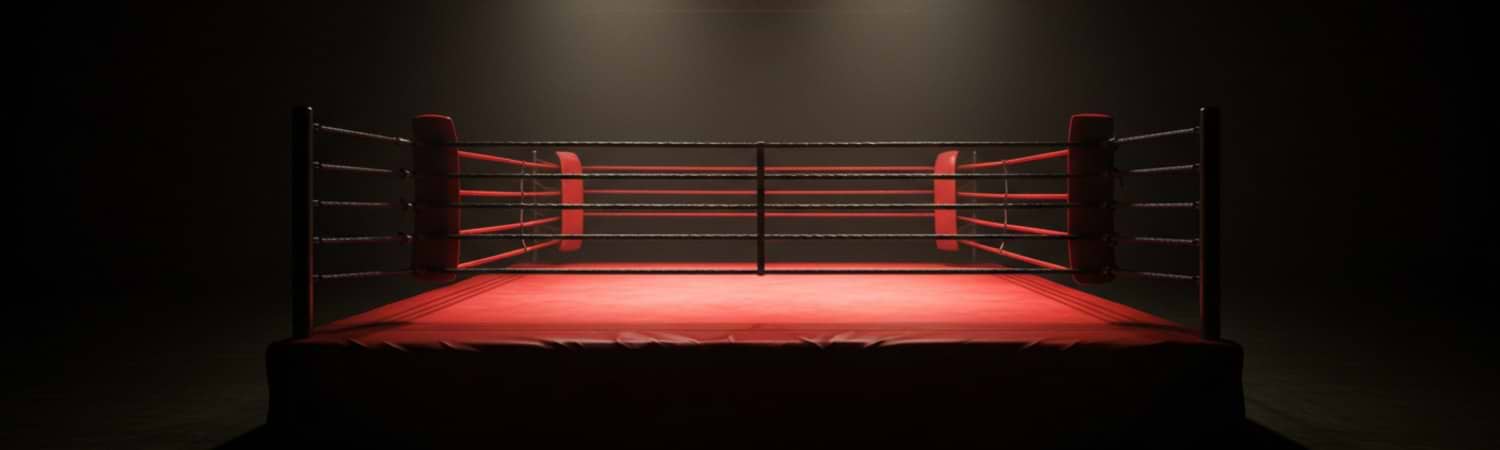 Ring de boxeo rojo con iluminación tenue y cambiante, perfecto para conceptos con temática deportiva