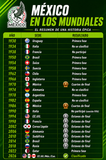 tabla del historico de mMéxico en los mundiales