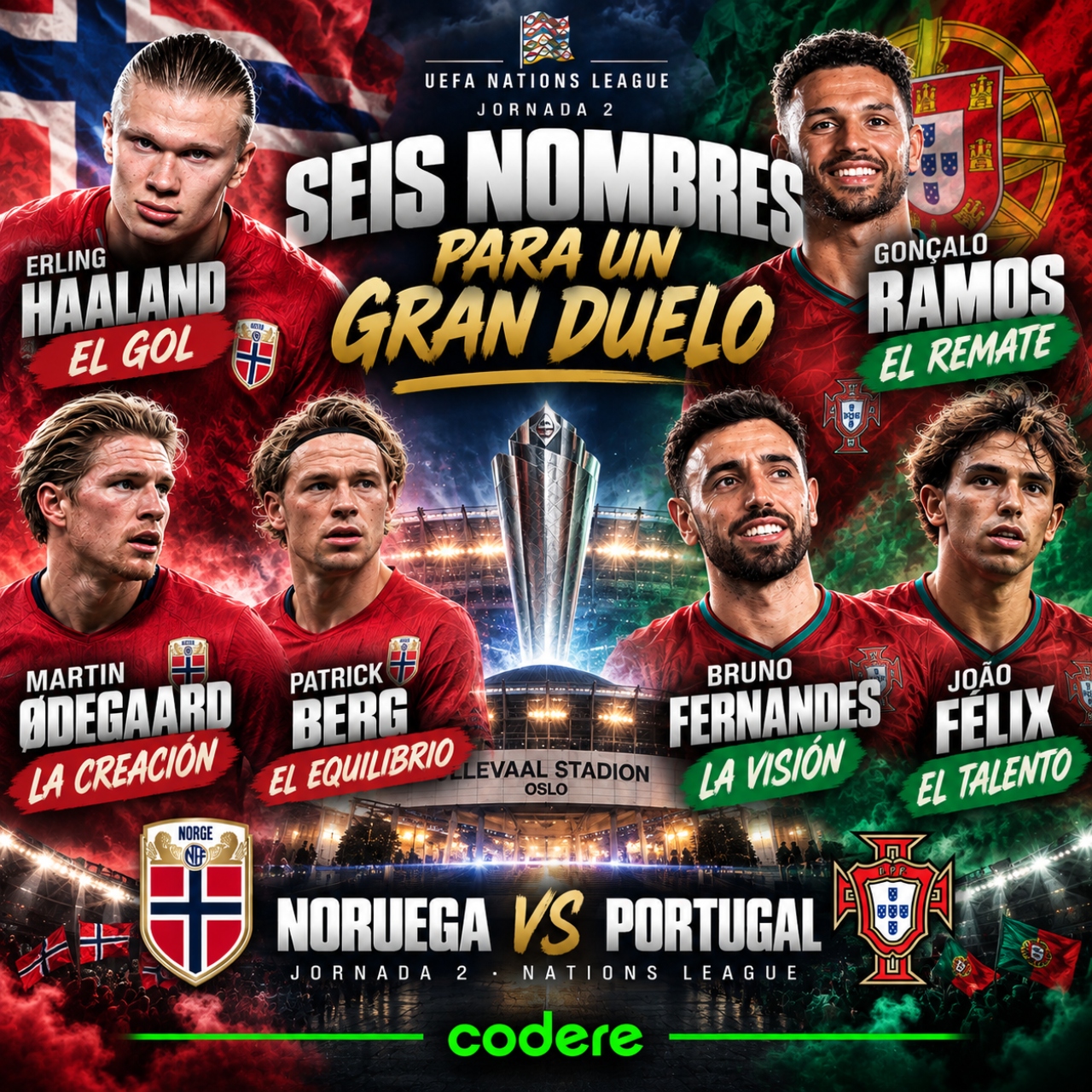 Haaland Bruno Fernandez jugadores a seguir para el partido Noruega vs Portugal de UEFA 2026