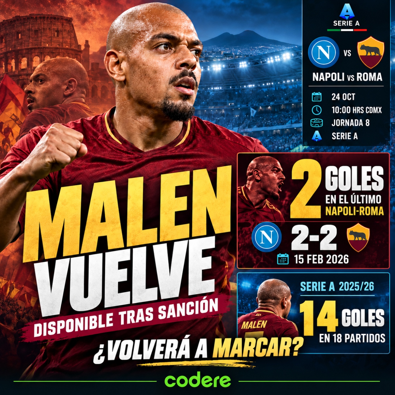 Donyell Malen en el Napoli vs Roma de Serie A 2026