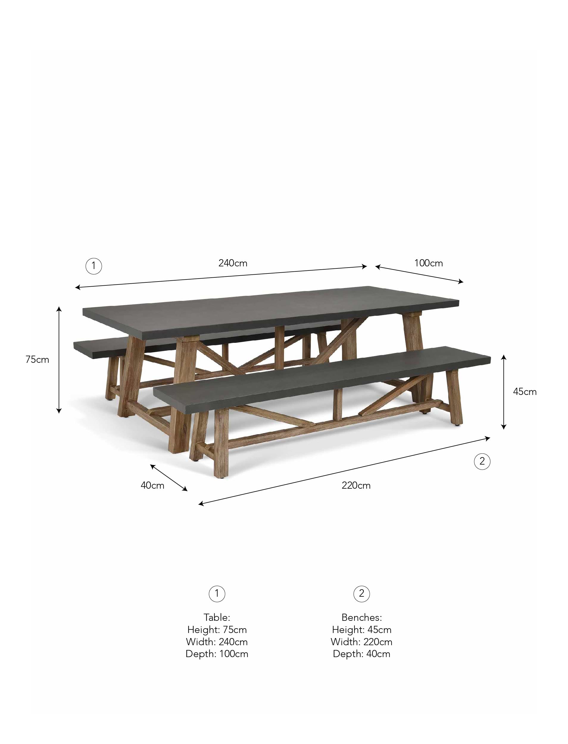 Chilford Table & Bench Set - Acacia Wood & Polystone, Grey, La