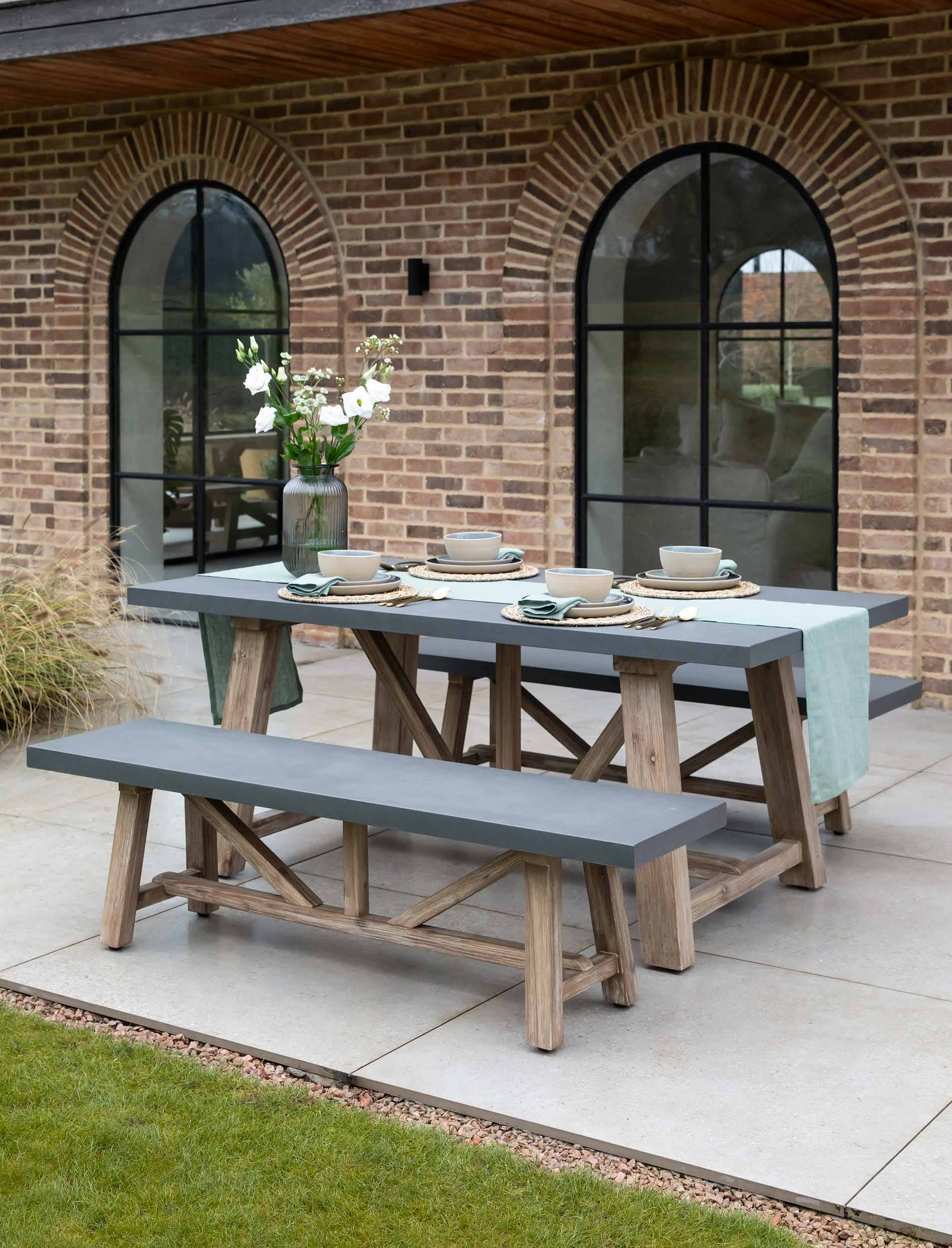 Chilford Table & Bench Set - Acacia Wood & Polystone, Grey, Sm